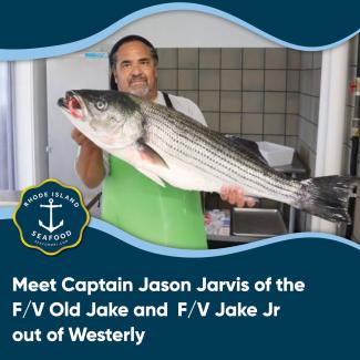 Meet Captain Jason Jarvis. He stands in a commercial kitchen holding a large fish