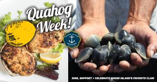 Quahog Week banner with stuffies and hands holding freshly dug quahogs