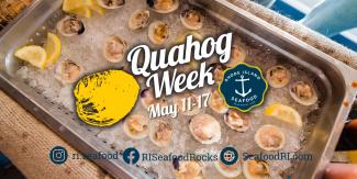 Image of quahog raw bar with the Quahog Week and RI Seafood logos