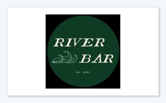 Logo design with a green circle with the words River Bar and a line art drawing of a wave inside it