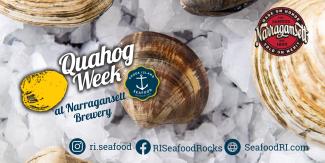 Image of shellfish on ice with the RI Seafood and Narragansett Beer logos