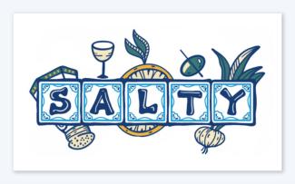 Logo drawing of tiles with the letters, S-A-L-T-Y in front of salt shakers, and cocktail garnishes