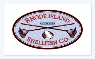 Logo for RI Shellfish Company with a quahog and shellfish harvesting equipment